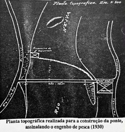planta topográfica do rio com a localização da ponte, azenha e engenho de pesca