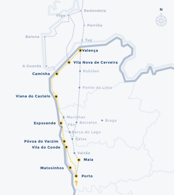 Mapa do Caminho da Costa, assinalado nas localidades: Porto, Matosinhos, Vila do Conde, Póvoa do Varzim, Esposende, Viana do Castelo, Caminha, Vila Nova de Cerveira e Valença
