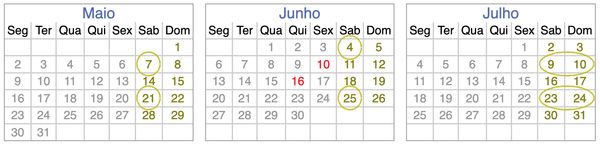 Calendário com datas assinaladas. Maio: 7 e 21. Junho: 4 e 25. Julho: 9 a 10 e 23 a 24